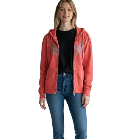 Coogi Y2K Angel Wings metallic studded red Knit hooded zip front jacket Sz M - Picture 12 of 12